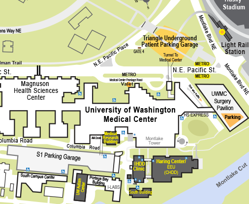 Image: South Campus map showing the locations of the IHDD, Haring Center, and UW Autism Center.