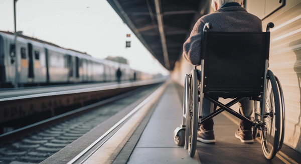 Photo: A man in a wheelchair waiting for a train - using mass transit. 