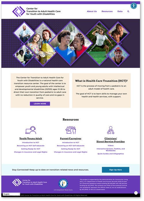Screenshot of the new Center for Transition to Adult Health Care for Youth with Disabilities website homepage.
