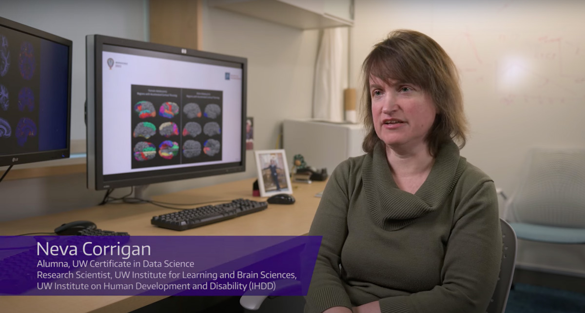 Screenshot of Dr. Neva Corrigan in the video 'UW Certificate in Data Science: Alumni Spotlight.'