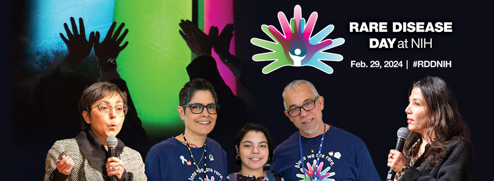 Composite image: Rare Disease Day 2024 registration image includes two female speakers, parents with a young child and the Rare Disease Day logo in the background.