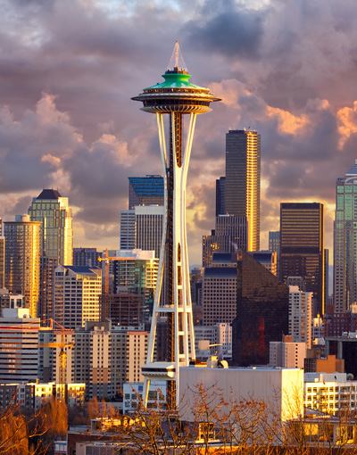 Photo: Space Needle in Downtown Seattle during the fall at dusk.