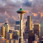 Photo: Square photo of the Space Needle in Downtown Seattle on a fall day.