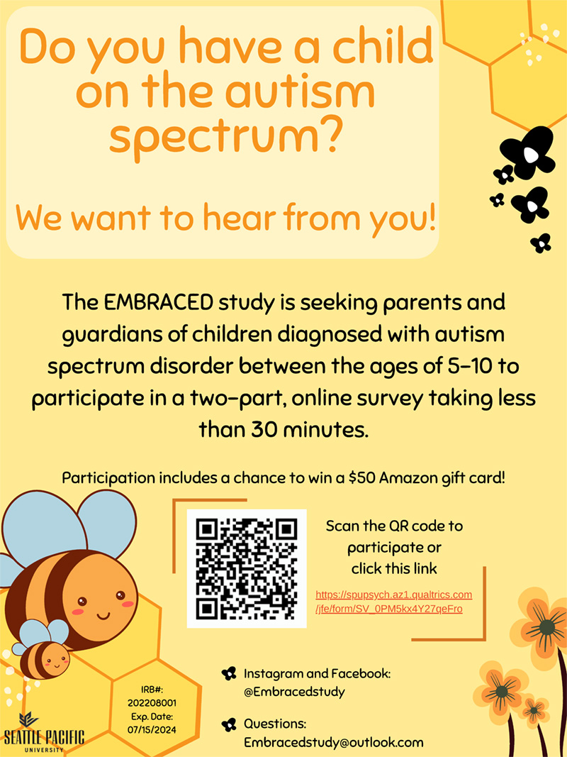 Flier for the Seattle Pacific University EMBRACED Study for Children on the Autism Spectrum. Link to the EMBRACED study survey on Qualtrics.com