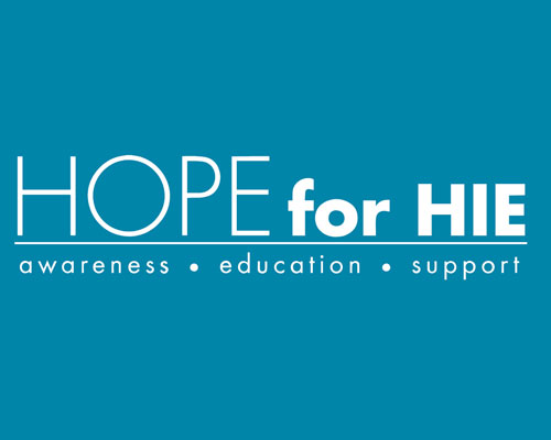 Image: Hope for HIE logo that is white text on a blue background.