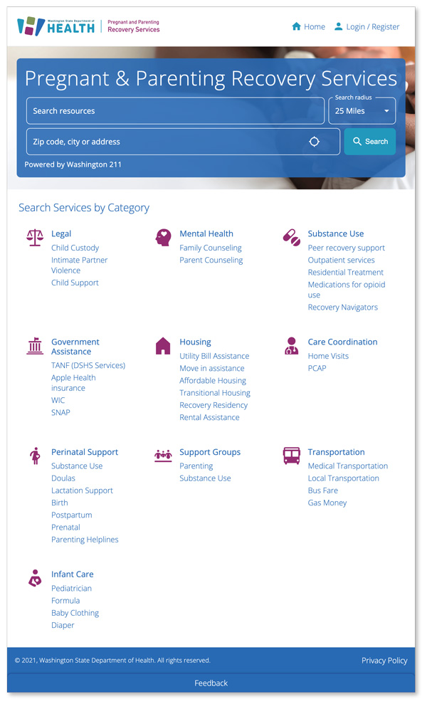 Screenshot of the Washington State DOH website, Pregnant & Parenting Recovery Services.