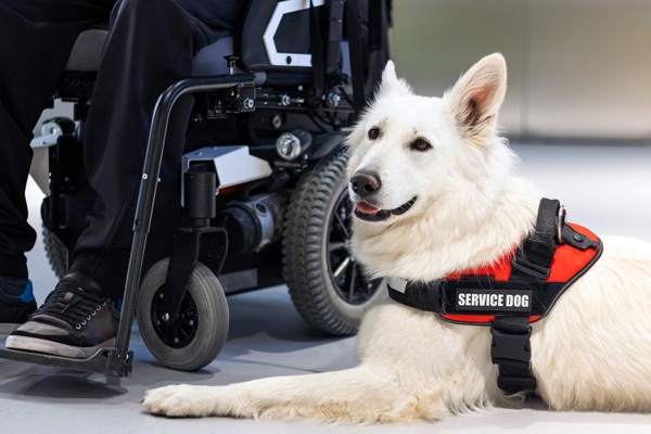 Photo: Service dog sitting next to a person in a wheelchair. 