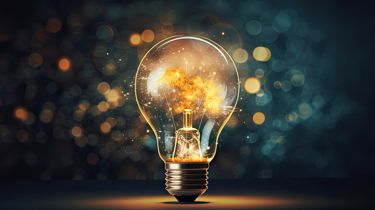 Image: Stock photo of a lightbulb lit brightly against a dark background.