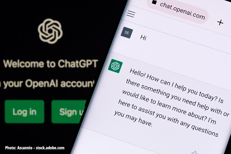 Image: Screenshot of Chat GPT welcome message with welcome screen in the background. (Photo: Ascannio - stock.adobe.com)