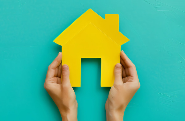 Image: Stock photo of two hands holding a cutout of a home to represent affordable housing.