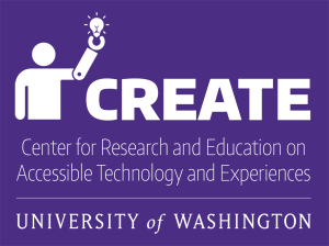 Logo for University of Washington CREATE: Center for Research and Education on Accessible Technology and Experiences at the University of Washington. Name written in white text on purple background.