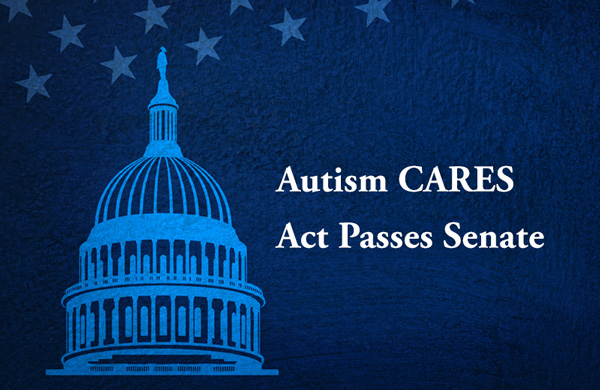 Image: Light blue silhouette of the US Capitol building against a darker blue background with the text 'Autism CARES Act Passes Senate.'