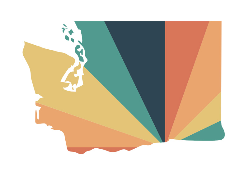 Image: Logo for the WA DDC; map of Washington state in a rainbow of colors.