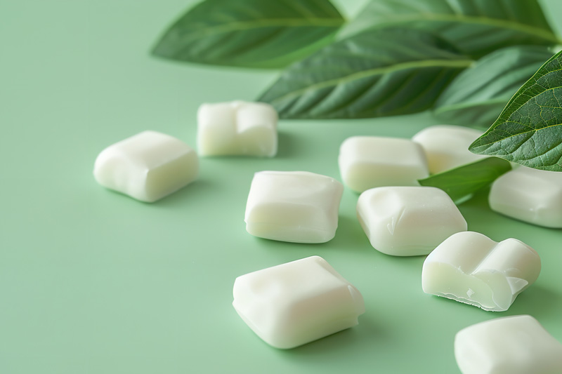 Photo: Xylitol chewing gum pieces on a table with mint leaves.