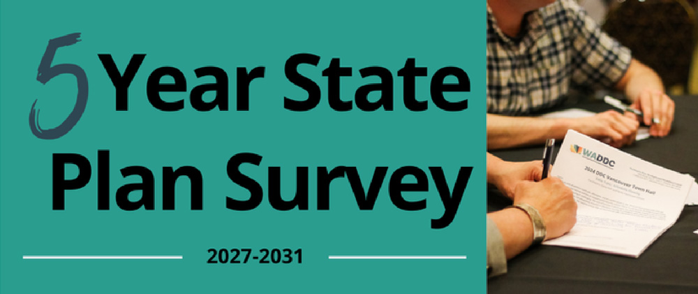 Image: Washington State DDC Five Year State Plan Survey graphic with green background and black text.