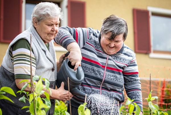 Photo: Senior mother watering plants outside in a garden with her adult child who has a developmental disability. 