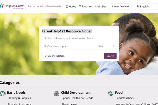 Image: Screenshot of the ParentHelp123 Resource finder website homepage. Photo of parent holding a smiling child.