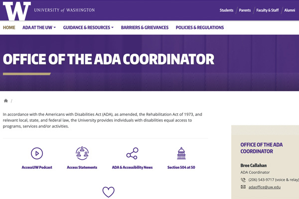 Image: Screenshot of the UW Office of the ADA Coordinator