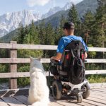 Man in a wheelchair with his dog on a bridge.