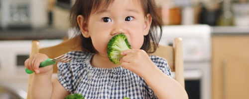 Photo of a young child eating brocoli.